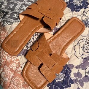 Tan Braided Faux-Leather Slide Sandals